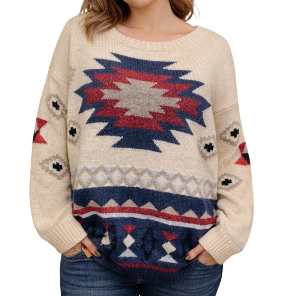 American Eagle Aztec Southwestern Western Pull‎ Over Wool Blend Sweater Size L